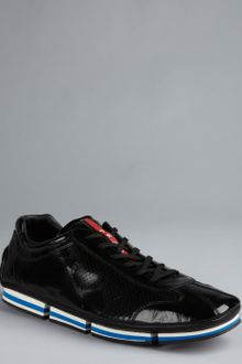 Prada Prada Sport Black Patent Leather Laceup and Blue Stripe Sole Sneakers - Lyst