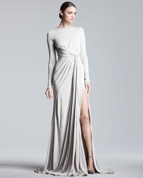 Elie Saab Longsleeve Jersey Gown in White (silver) - Lyst
