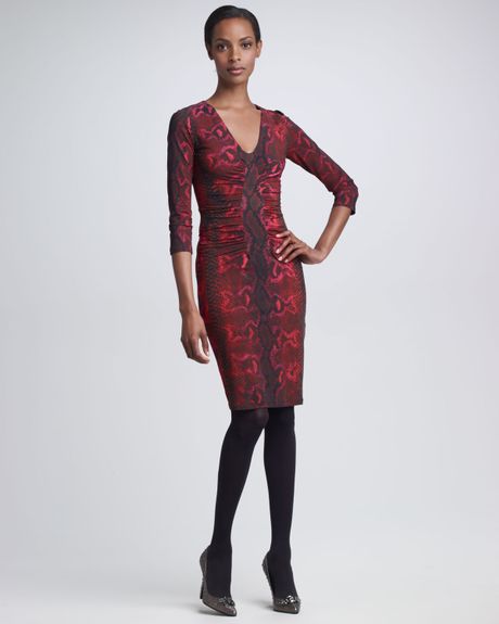 Roberto Cavalli Ruched Jersey Dress in Red (multi) - Lyst