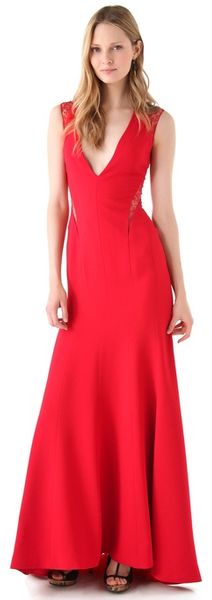 Reem Acra Deep V Gown with Lace Trim - Lyst