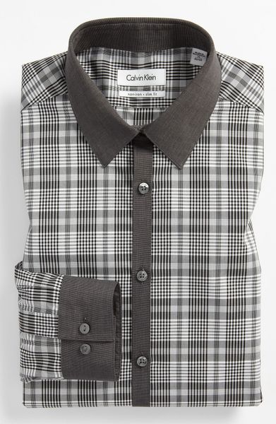 Calvin Klein Slim Fit Dress Shirt in Gray for Men (carbon plaid) - Lyst