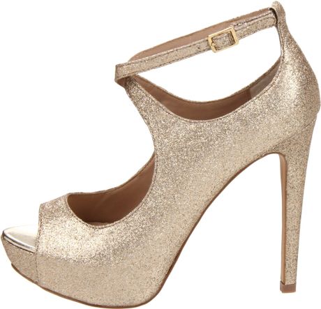 gold glitter open toe pumps