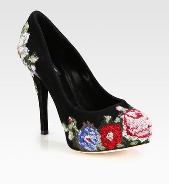 Dolce & Gabbana Suede Floral Embroidered Platform Pumps - Lyst
