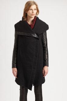 Helmut Lang Willowed Felt Leather Sleeve Coat - Lyst