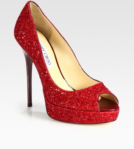 Jimmy Choo Crown Glittercoated Leather Peep Toe Pumps in Red - Lyst