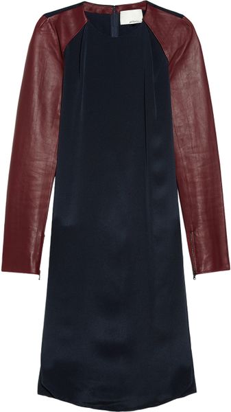 3.1 Phillip Lim Leather sleeved Silk Crepe De Chine Dress in Blue (navy) - Lyst