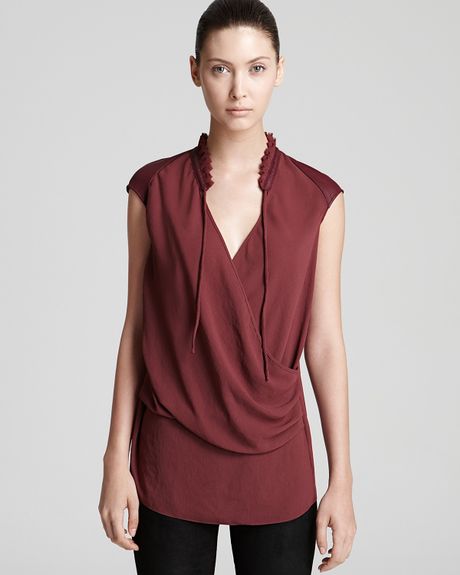 Helmut Lang Helmut Lang Blouse Soft Shroud Gathered Neck in Red (garnet) - Lyst