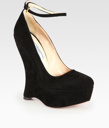 Prada Suede Ankle Strap Wedge Pumps in Black - Lyst