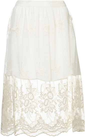 Topshop Cream Embroidered Lace Skirt - Lyst
