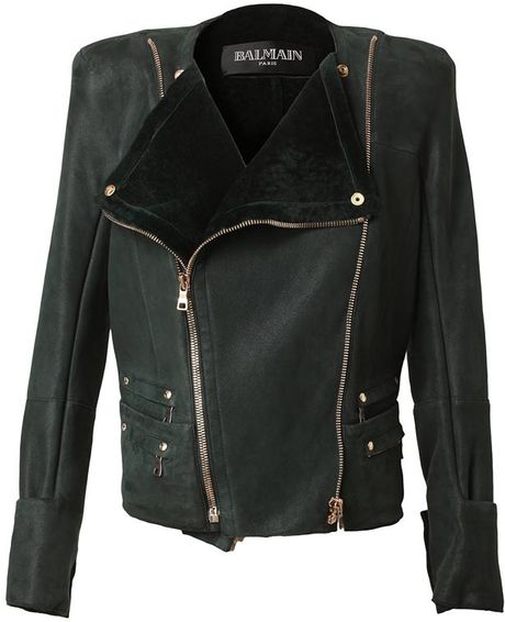 Balmain Leather and Shearling Biker Jacket in Green - Lyst