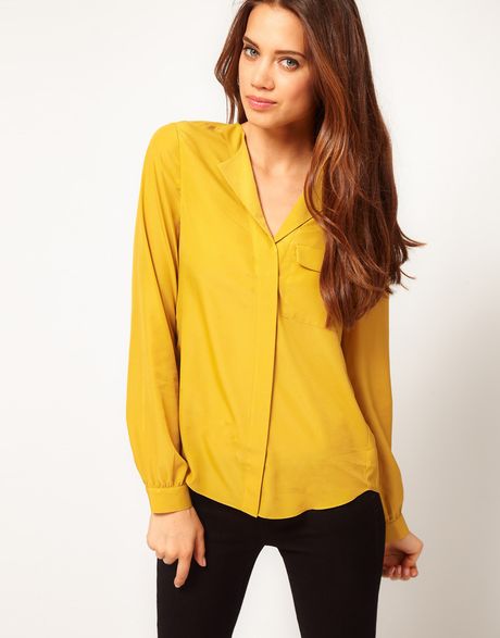 Asos Collection Blouse with Drop Collar in Yellow (olive) - Lyst
