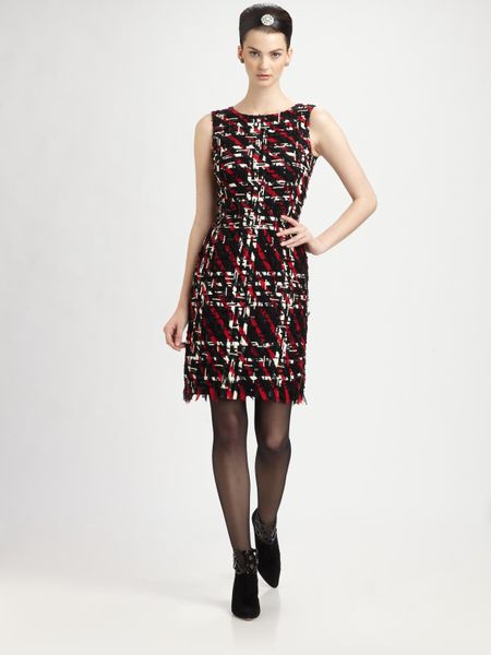 Oscar De La Renta Embroidered Silk Dress in Red (black) - Lyst
