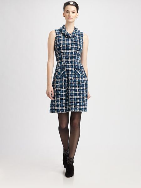 Oscar De La Renta Silk Tweed Dress in Blue (black) - Lyst