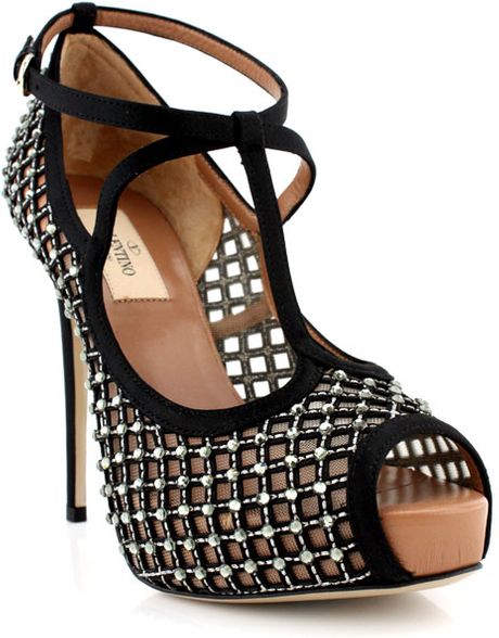 Valentino Crystal Peep Toe TStrap Sandal in Black - Lyst