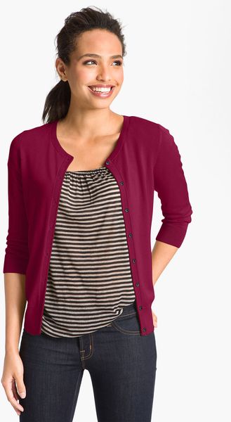 Halogen Three Quarter Sleeve Crewneck Cardigan in Red (red rumba) - Lyst