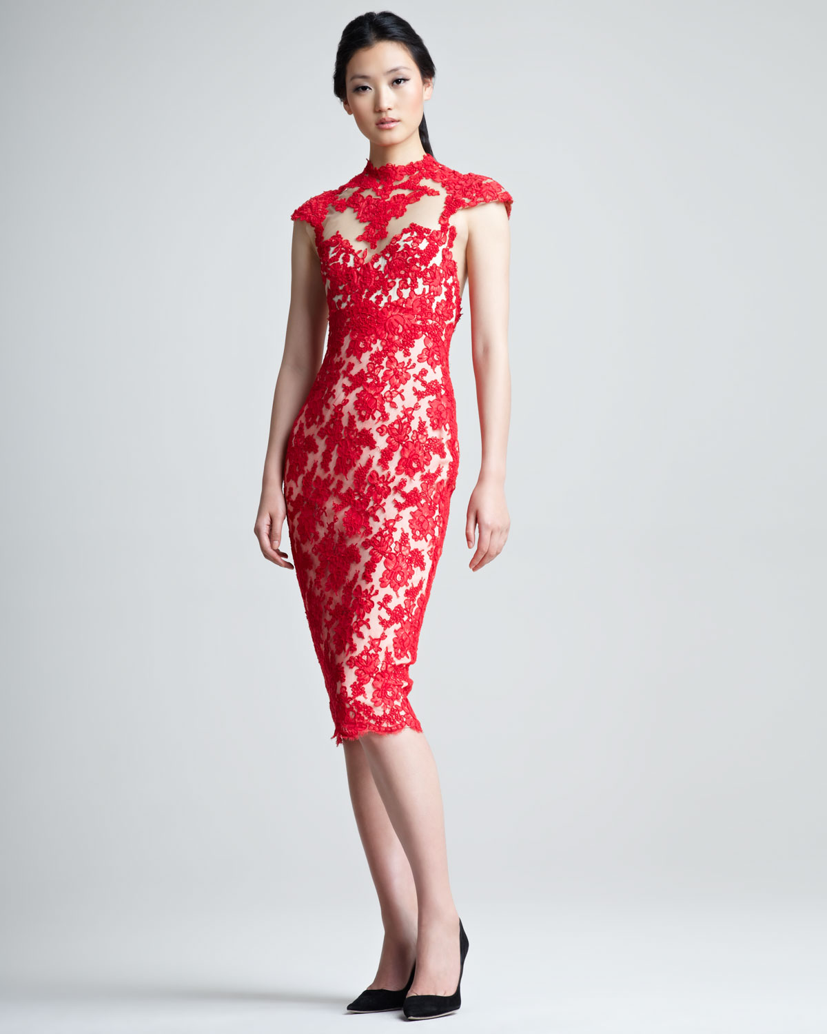 Marchesa Lace Cocktail Dress in Red