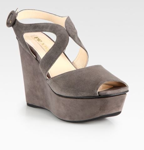 Prada Suede Wedge Sandals in Gray (grey) | Lyst