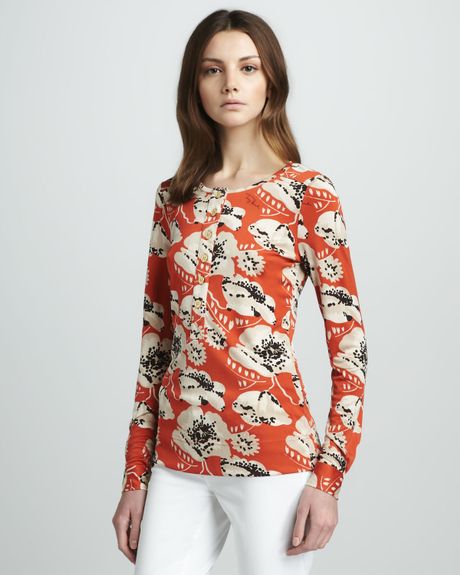Tory Burch Amy Floral Print Jersey Henley in Multicolor (wldbry wallflower) - Lyst