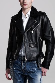 DSquared2 Shearling-collar Leather Biker Jacket - Lyst