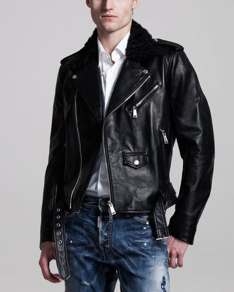Dsquared2 Shearlingcollar Leather Biker Jacket in Black for Men - Lyst