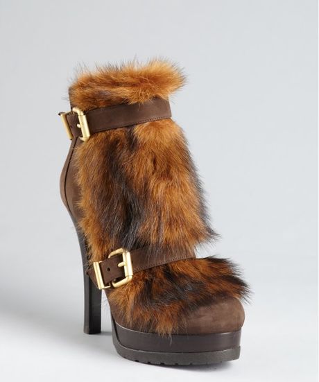 Fendi Brown Leather and Shearling Double Buckle Detail Ankle Boots in Brown - Lyst