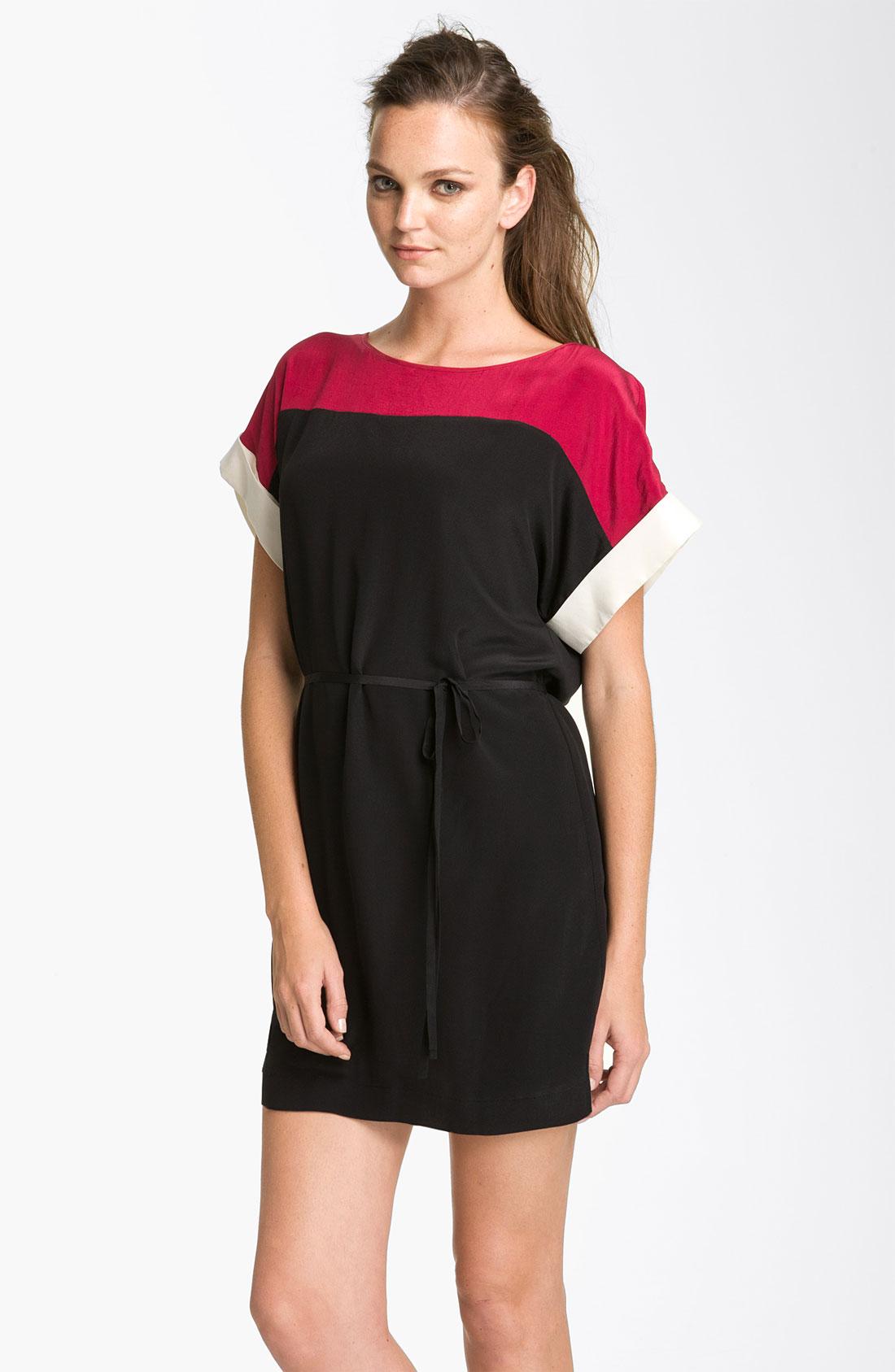 French Connection Colorblock Silk Shift Dress in Black (black/ calico