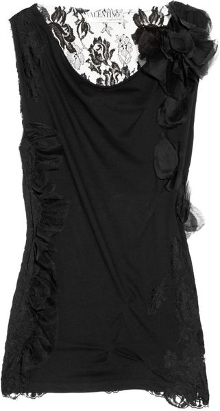 Valentino Tulle Trimmed Lace and Cotton Jersey Top - Lyst
