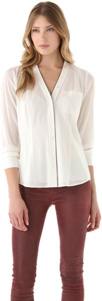 Dkny V Neck Blouse with Contrast Piping in White (ivory) - Lyst