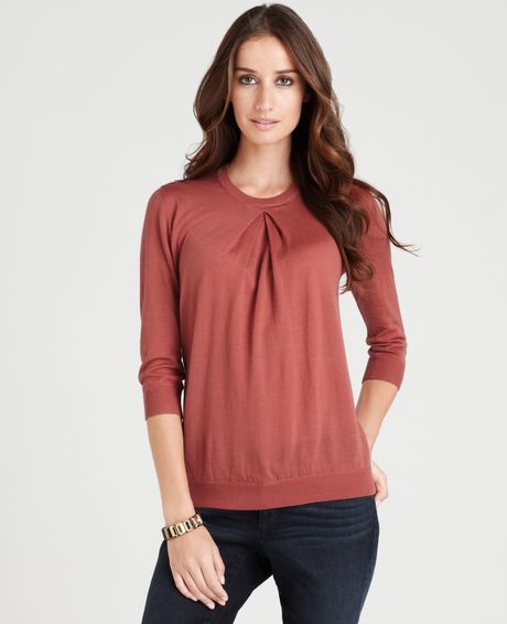 Ann Taylor Petite Merino Wool Pleated Pullover in Brown (burnt sugar) - Lyst
