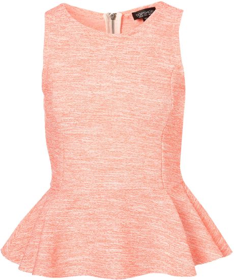 Topshop Sleeveless Boucle Peplum Top in Pink (fluro orange) - Lyst