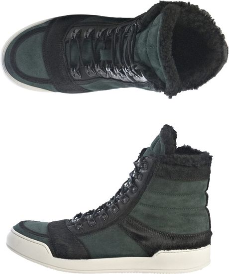 Balmain Pony Hair Suede and Shearling Trainers in Green for Men - Lyst