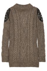 Elizabeth And James Studded Leather-paneled Cable-knit Sweater