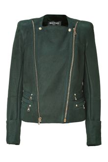 Balmain Bottle Green Shearling Biker Jacket - Lyst