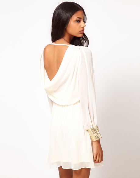 Asos Cowl Back Dress with Embellished Cuff in White (creamgold) - Lyst