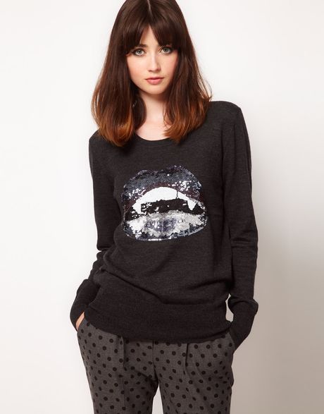 Markus Lupfer Jumper with Sequin Vampire Lips in Black (charcoalsilver) - Lyst