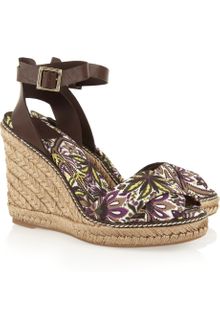 Tory Burch Printed Canvas and Leather Espadrille Wedge Sandals - Lyst