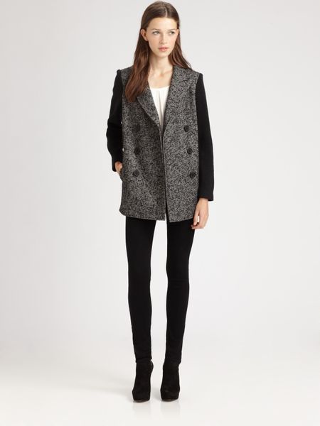 Tibi Bonded Tweed Peacoat in Gray (black) - Lyst