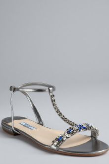 Prada Silver Leather Embellished Tstrap Sandals - Lyst