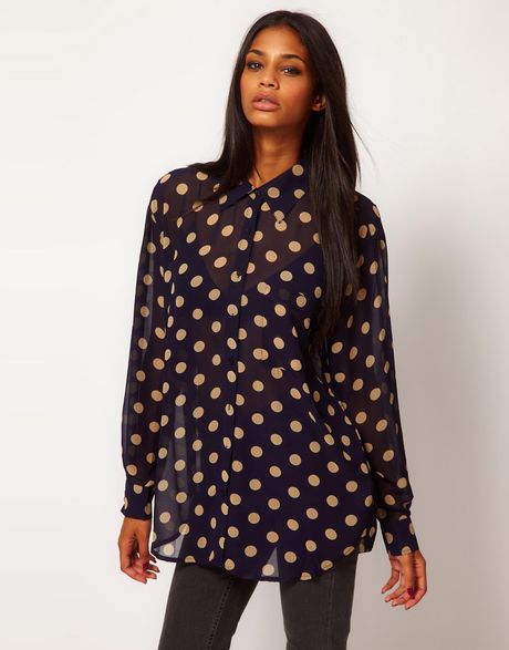 Glamorous Polka Dot Oversize Chiffon Shirt in Blue (navybeigespot) - Lyst