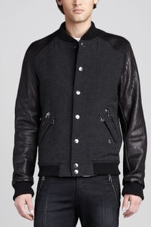 Pierre Balmain Leather Sleeve Bomber Jacket - Lyst