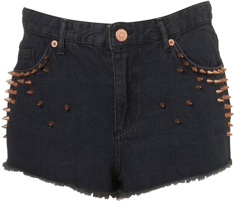 Topshop Studded High Waist Hotpants in Black - Lyst