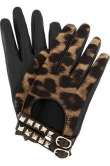 Valentino Rockstud Leather and Calf Hair Gloves - Lyst