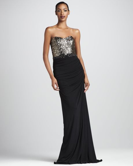 Badgley Mischka Sequined Jersey Gown in Black (black gold) - Lyst
