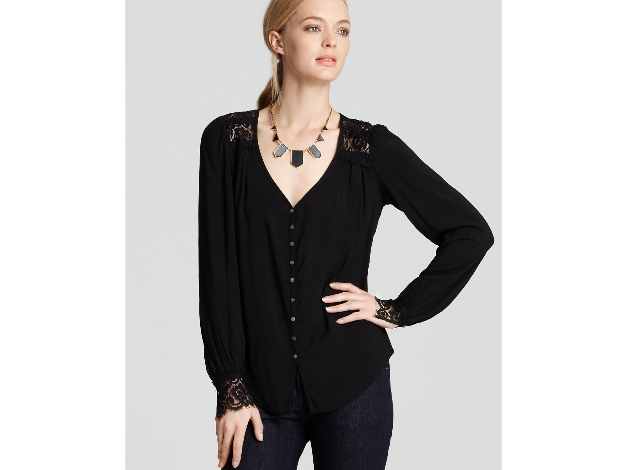 Karen Kane Lace Yoke Blouse in Black Lyst