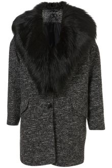 Topshop Textured Fur Collar Boyfriend Coat - Lyst
