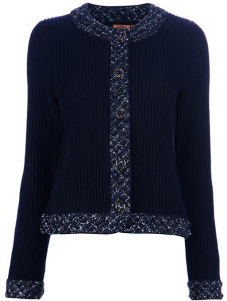 Tory Burch Tweed Trim Cardigan in Blue - Lyst