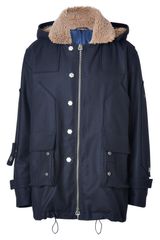 Ermanno Scervino Midnight Blue Shearling Lined Hooded Wool Parka
