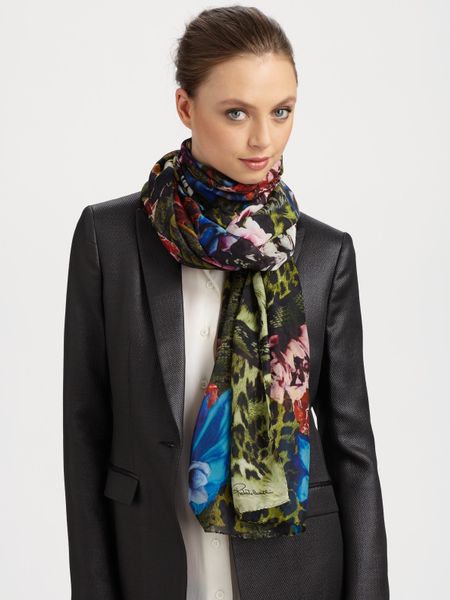 Roberto Cavalli Silk Agnes Multiflower Print Scarf in Green - Lyst