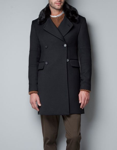 Zara Coat with Fur Collar in Black for Men | Lyst
