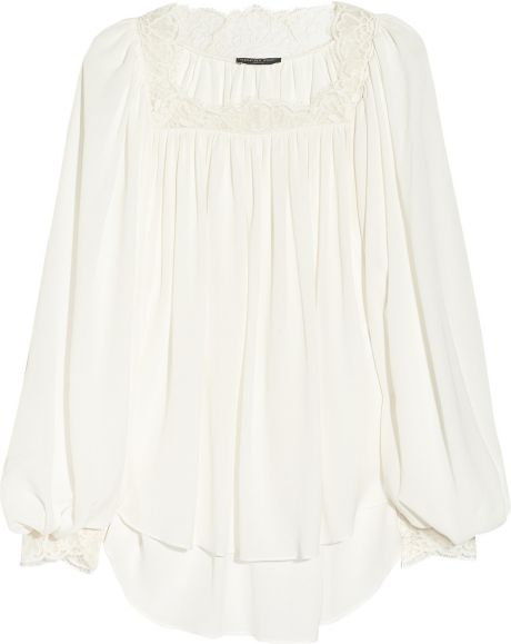Alexander Mcqueen Lace Trimmed Silk Crepe Blouse in Beige (ivory) - Lyst